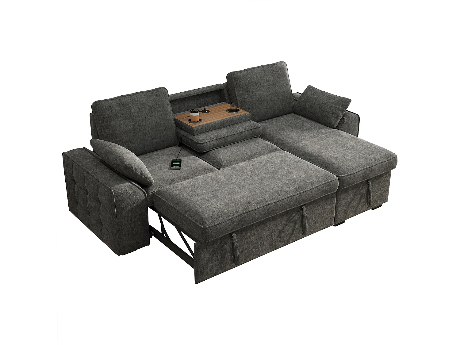 Hörnsoffa Bäddbar 3 Platser 212x150cm - Fällbart Bord med Mugghållare & USB-port, Chenilletyg Mörkgrå