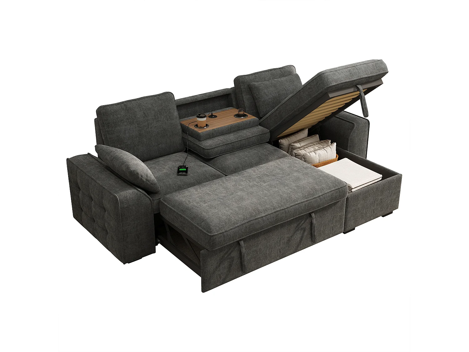 Hörnsoffa Bäddbar 3 Platser 212x150cm - Fällbart Bord med Mugghållare & USB-port, Chenilletyg Mörkgrå