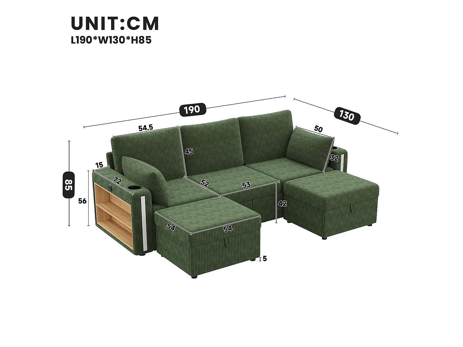 Canapé modulable en U ou en L - avec 2 poufs de rangement - éclairage LED - porte-gobelets - ports USB/Type-C et accoudoirs - tiroirs - vert