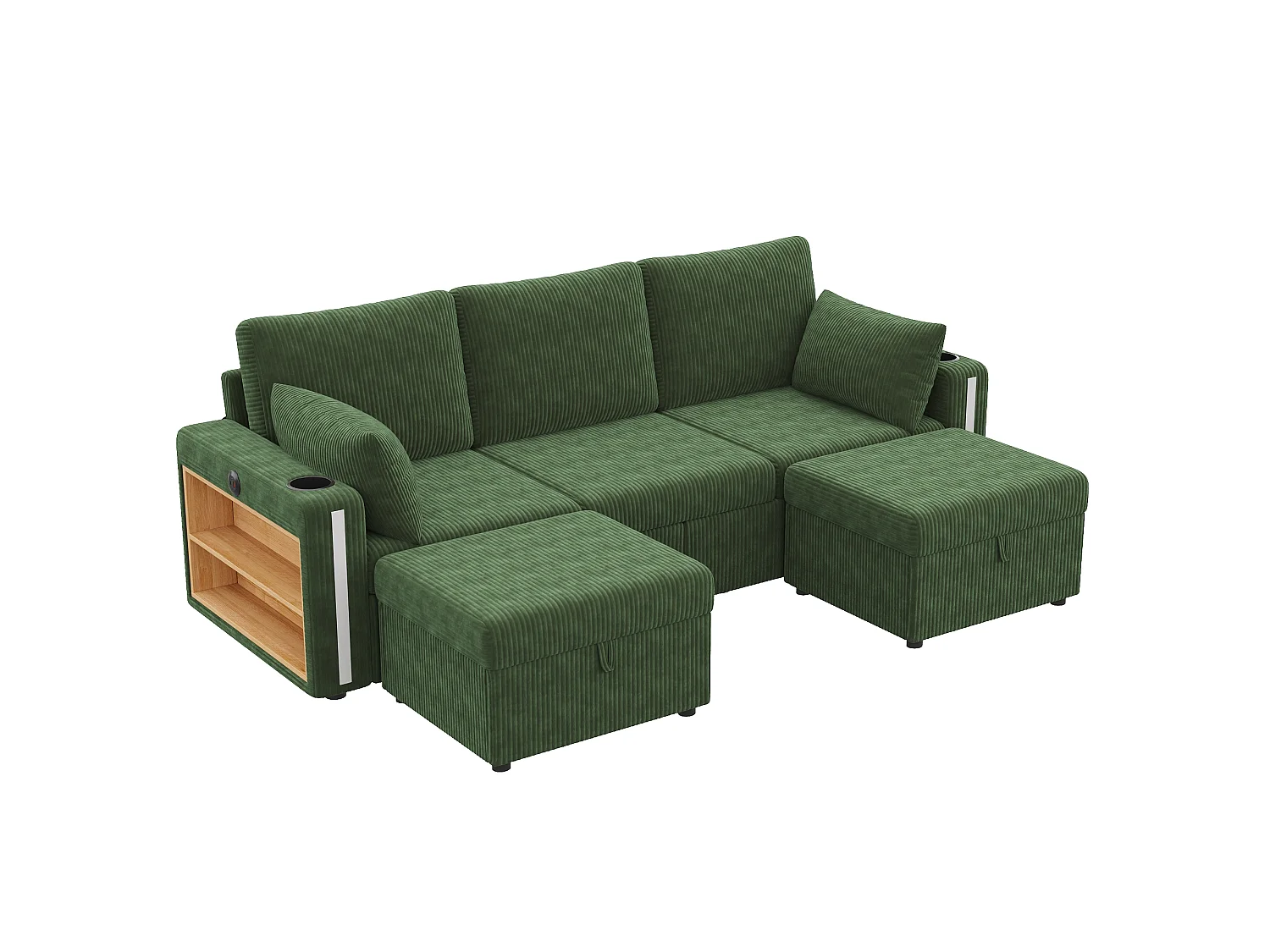Canapé modulable en U ou en L - avec 2 poufs de rangement - éclairage LED - porte-gobelets - ports USB/Type-C et accoudoirs - tiroirs - vert