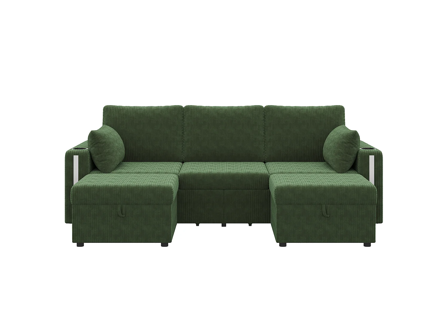 Canapé modulable en U ou en L - avec 2 poufs de rangement - éclairage LED - porte-gobelets - ports USB/Type-C et accoudoirs - tiroirs - vert