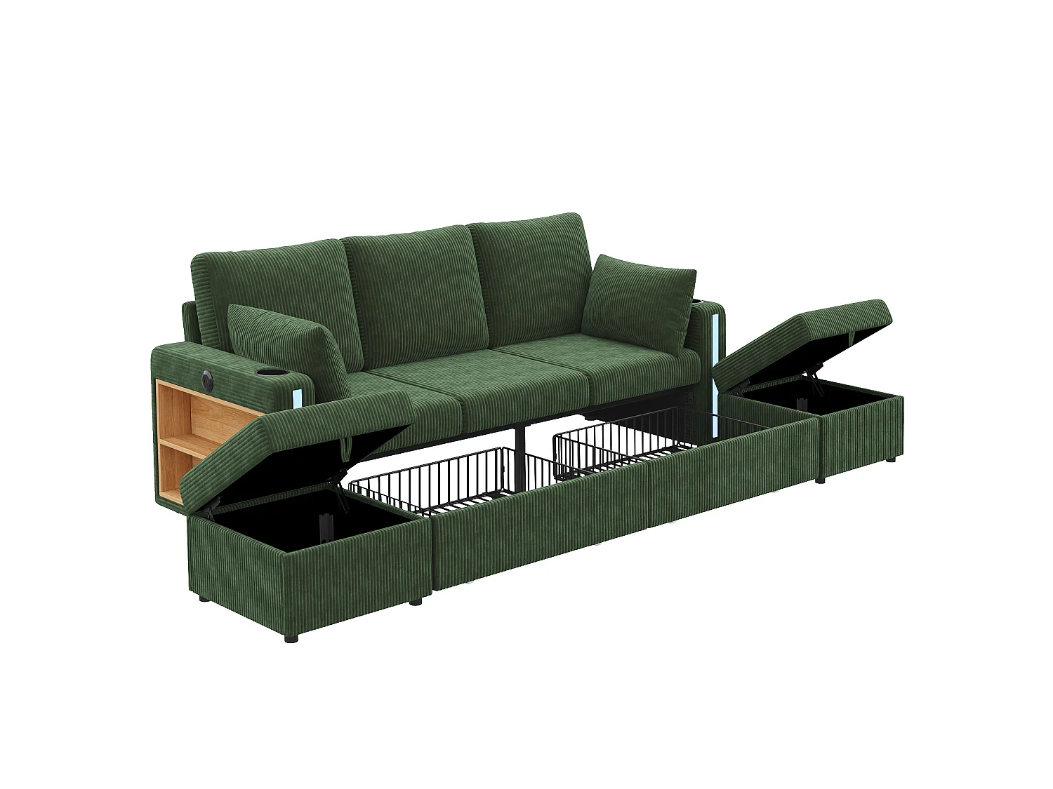 Canapé modulable en U ou en L - avec 2 poufs de rangement - éclairage LED - porte-gobelets - ports USB/Type-C et accoudoirs - tiroirs - vert