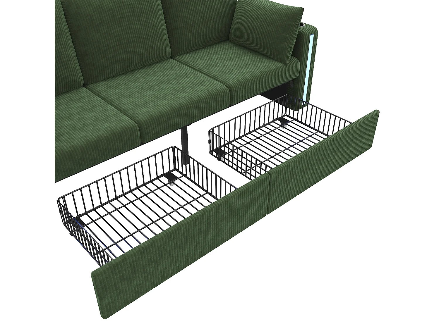 Canapé modulable en U ou en L - avec 2 poufs de rangement - éclairage LED - porte-gobelets - ports USB/Type-C et accoudoirs - tiroirs - vert