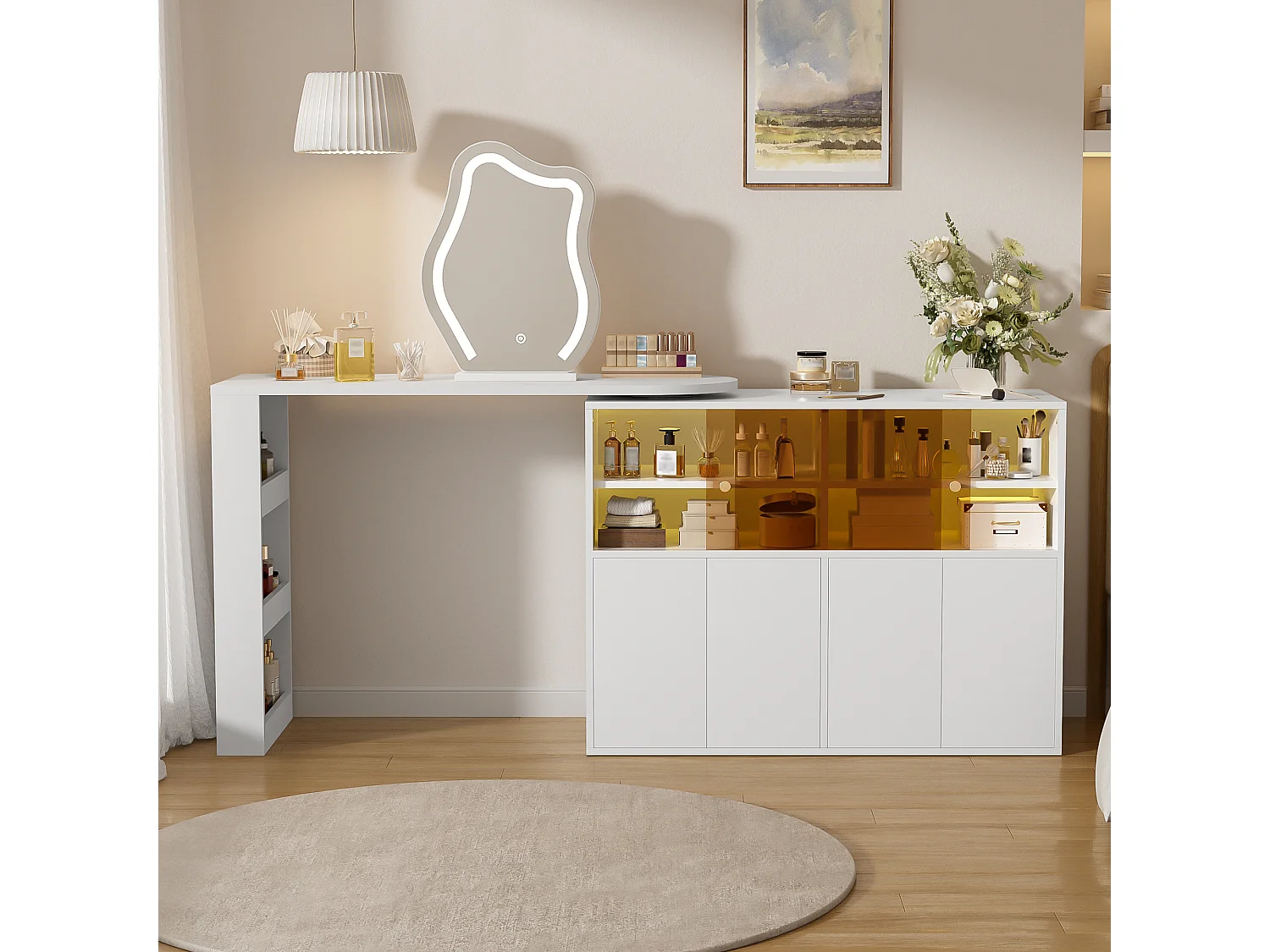 Coiffeuse pivotante avec miroir 117x40x78cm - avec LED réglable - avec 4 portes - compartiments de rangement ouverts - Blanc