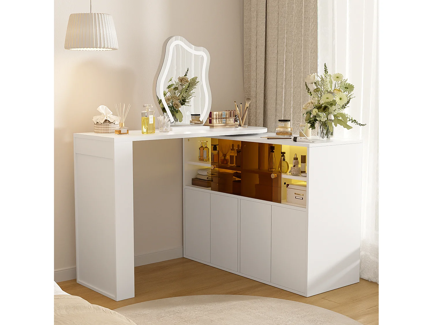 Coiffeuse pivotante avec miroir 117x40x78cm - avec LED réglable - avec 4 portes - compartiments de rangement ouverts - Blanc