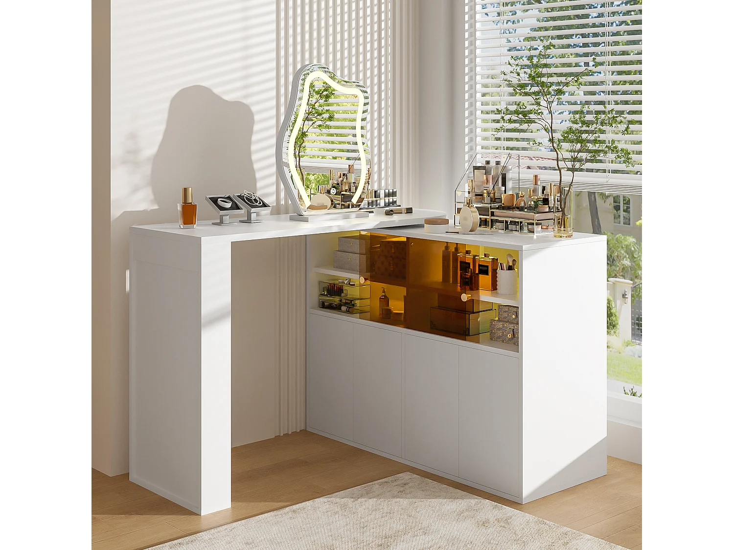 Coiffeuse pivotante avec miroir 117x40x78cm - avec LED réglable - avec 4 portes - compartiments de rangement ouverts - Blanc
