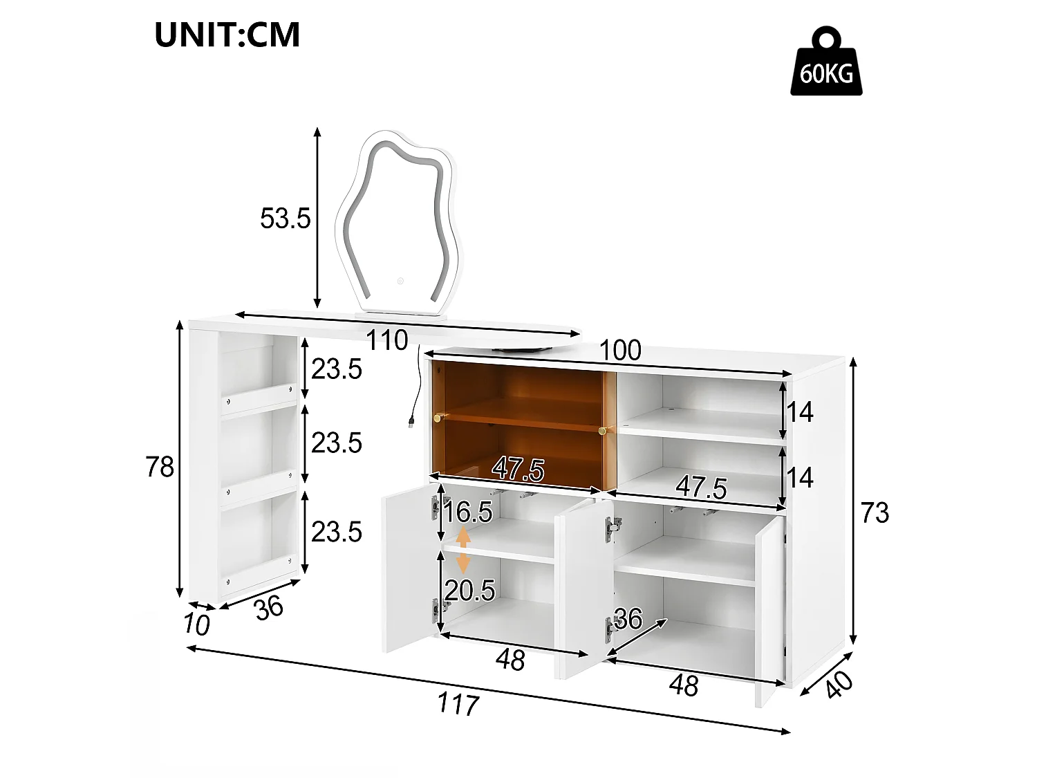 Coiffeuse pivotante avec miroir 117x40x78cm - avec LED réglable - avec 4 portes - compartiments de rangement ouverts - Blanc