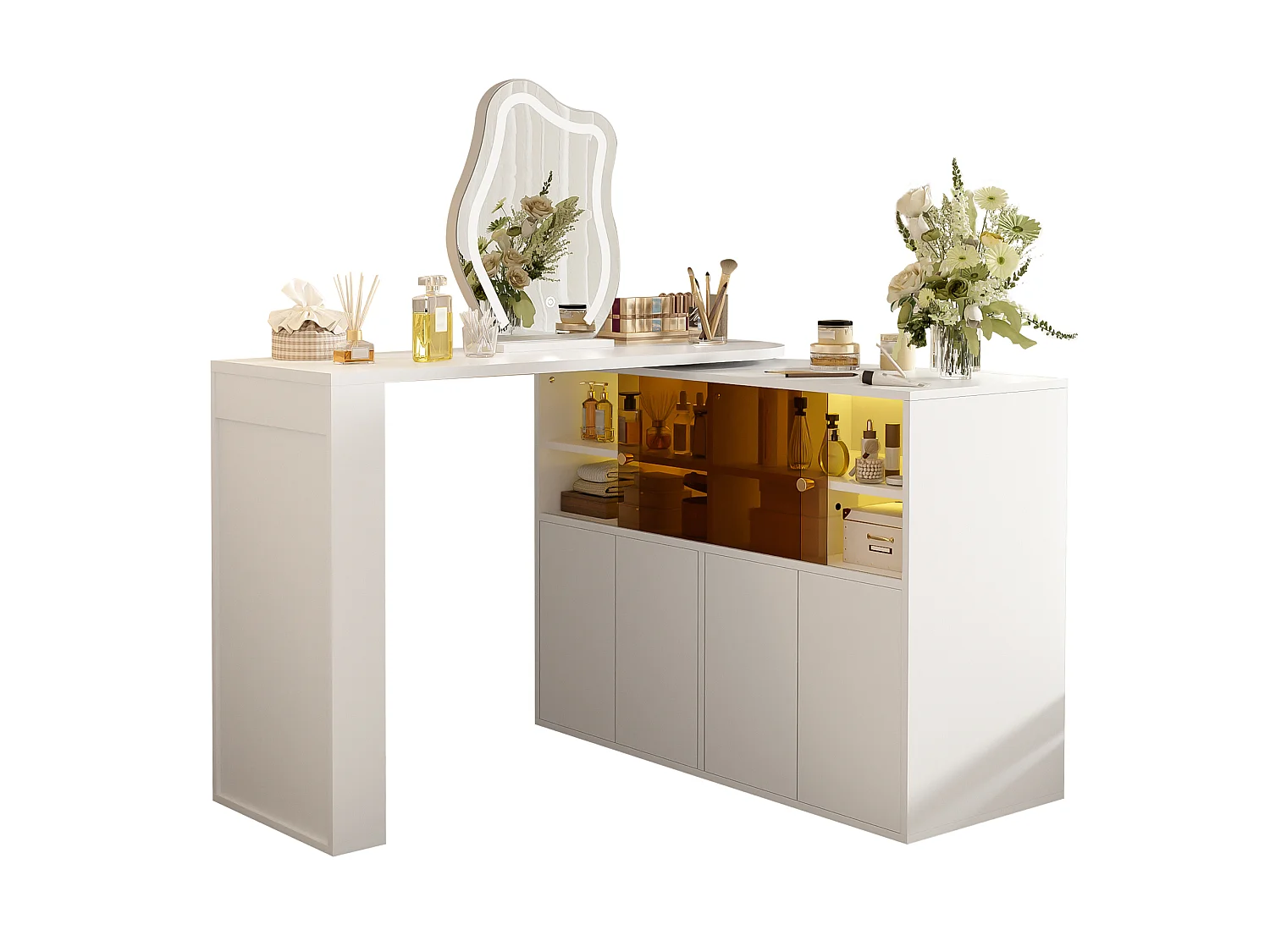 Coiffeuse pivotante avec miroir 117x40x78cm - avec LED réglable - avec 4 portes - compartiments de rangement ouverts - Blanc