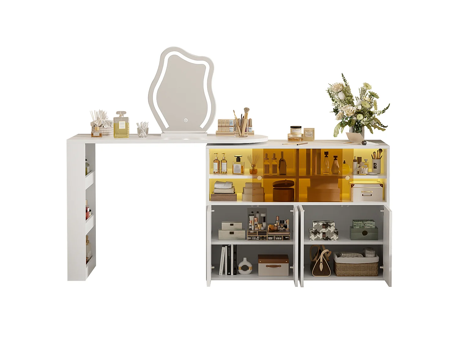 Coiffeuse pivotante avec miroir 117x40x78cm - avec LED réglable - avec 4 portes - compartiments de rangement ouverts - Blanc