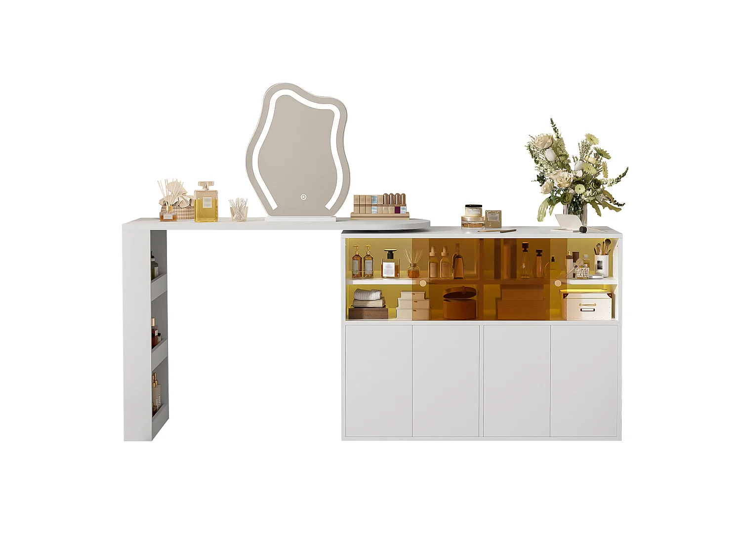 Coiffeuse pivotante avec miroir 117x40x78cm - avec LED réglable - avec 4 portes - compartiments de rangement ouverts - Blanc