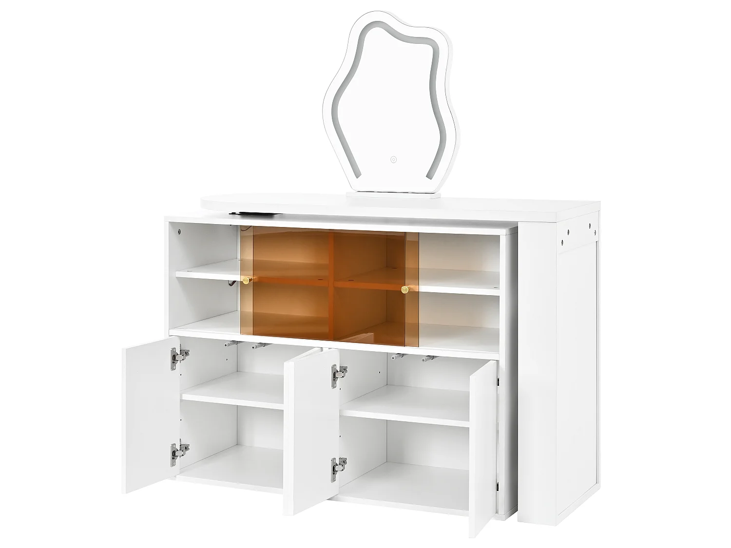 Coiffeuse pivotante avec miroir 117x40x78cm - avec LED réglable - avec 4 portes - compartiments de rangement ouverts - Blanc