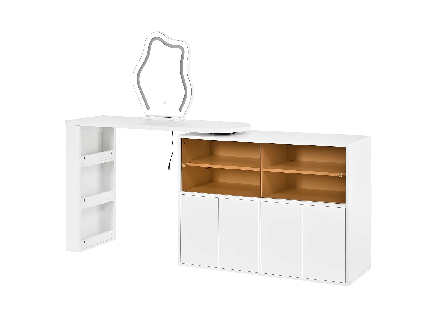 Coiffeuse pivotante avec miroir 117x40x78cm - avec LED réglable - avec 4 portes - compartiments de rangement ouverts - Blanc