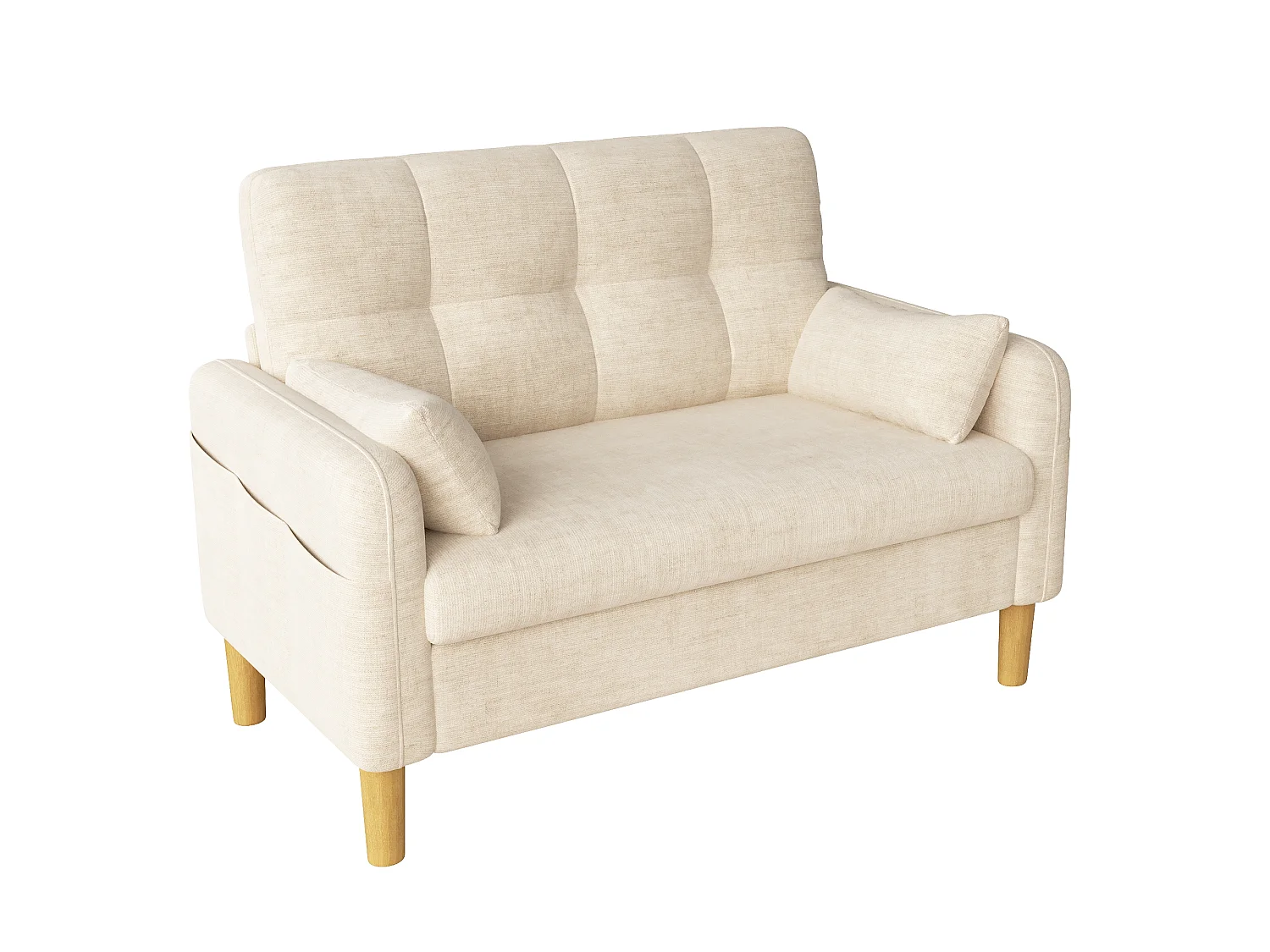 Modern soffa 2 platser – med 3 kuddar – med 1 sidoförvaringsficka – beige