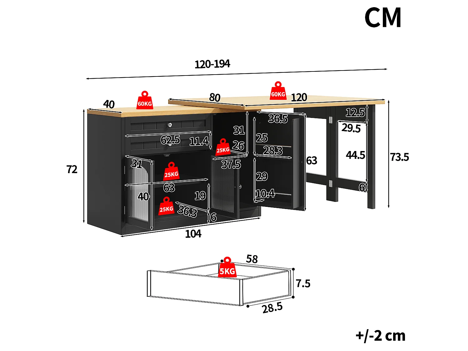 Eilandkeuken 120-194cm - Draaibare Eettafel 360°, Ingebouwde Opbergruimte, Glazen Deuren, Modern Design - Zwart