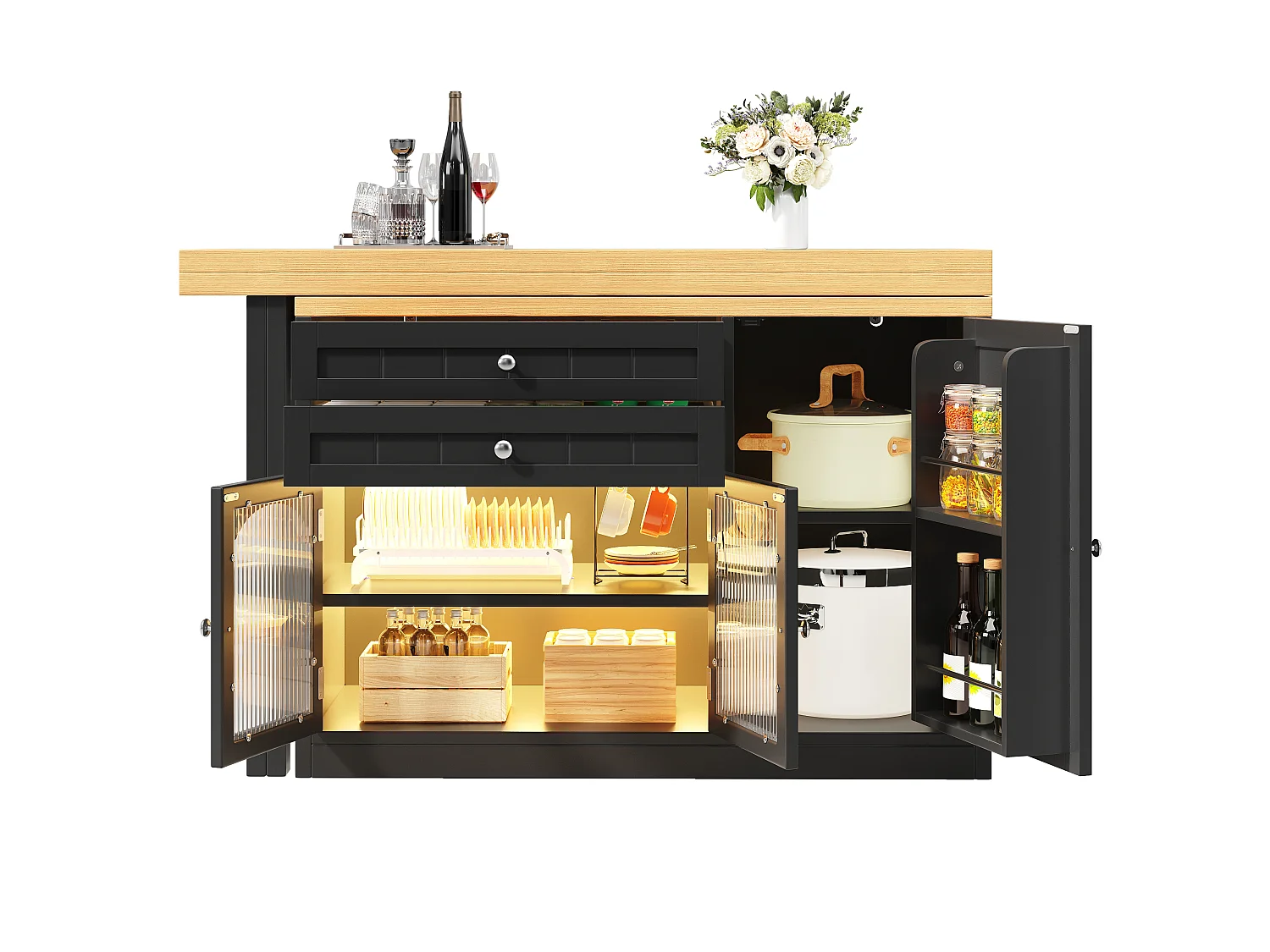 Eilandkeuken 120-194cm - Draaibare Eettafel 360°, Ingebouwde Opbergruimte, Glazen Deuren, Modern Design - Zwart