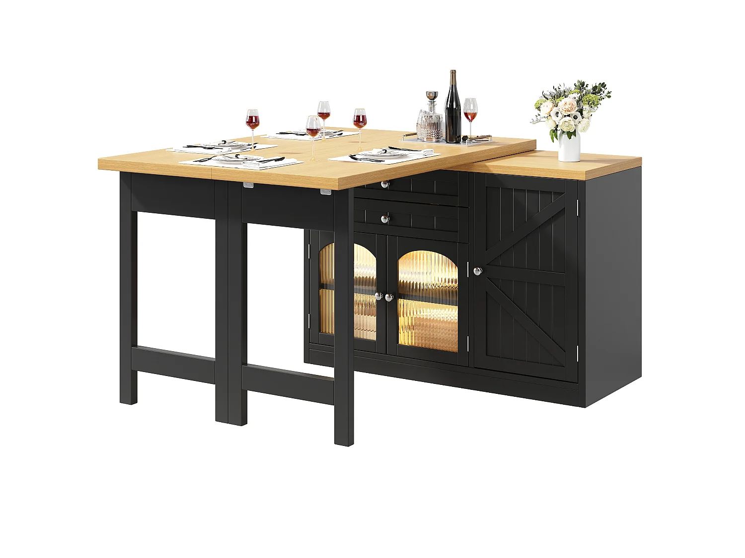 Eilandkeuken 120-194cm - Draaibare Eettafel 360°, Ingebouwde Opbergruimte, Glazen Deuren, Modern Design - Zwart