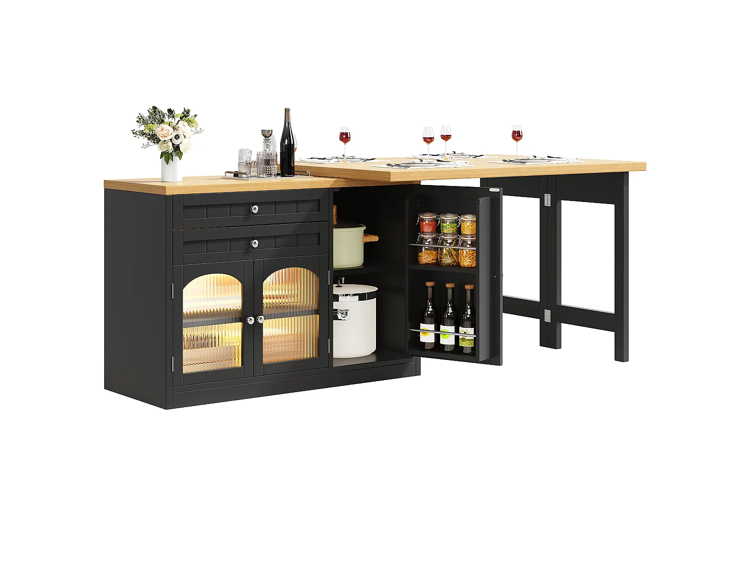 Eilandkeuken 120-194cm - Draaibare Eettafel 360°, Ingebouwde Opbergruimte, Glazen Deuren, Modern Design - Zwart