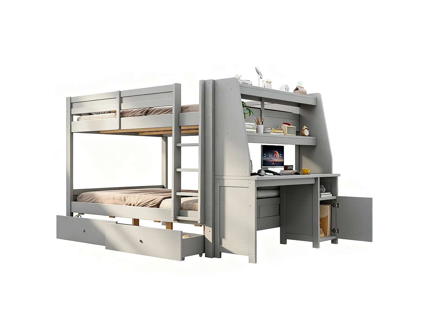 Lit superposé 140 x 200 cm - avec rangements - comprenant un bureau et des étagères - avec 2 tiroirs - gris (matelas non inclus)