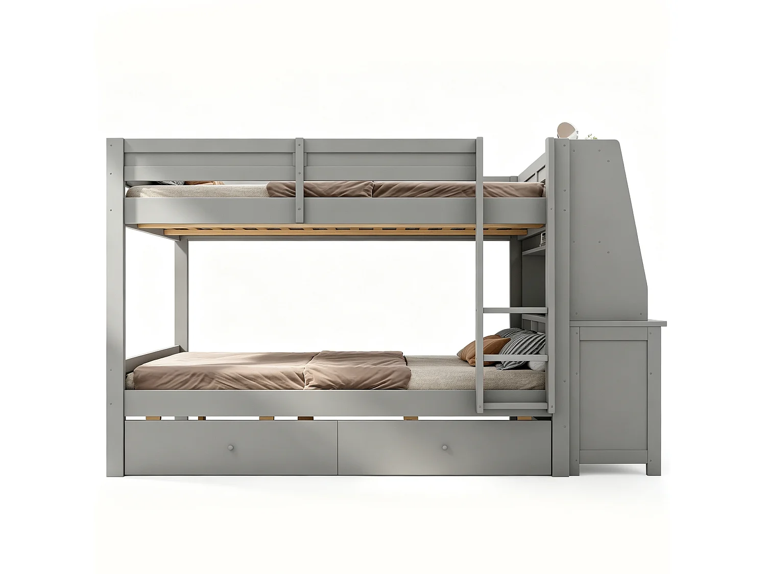 Lit superposé 140 x 200 cm - avec rangements - comprenant un bureau et des étagères - avec 2 tiroirs - gris (matelas non inclus)