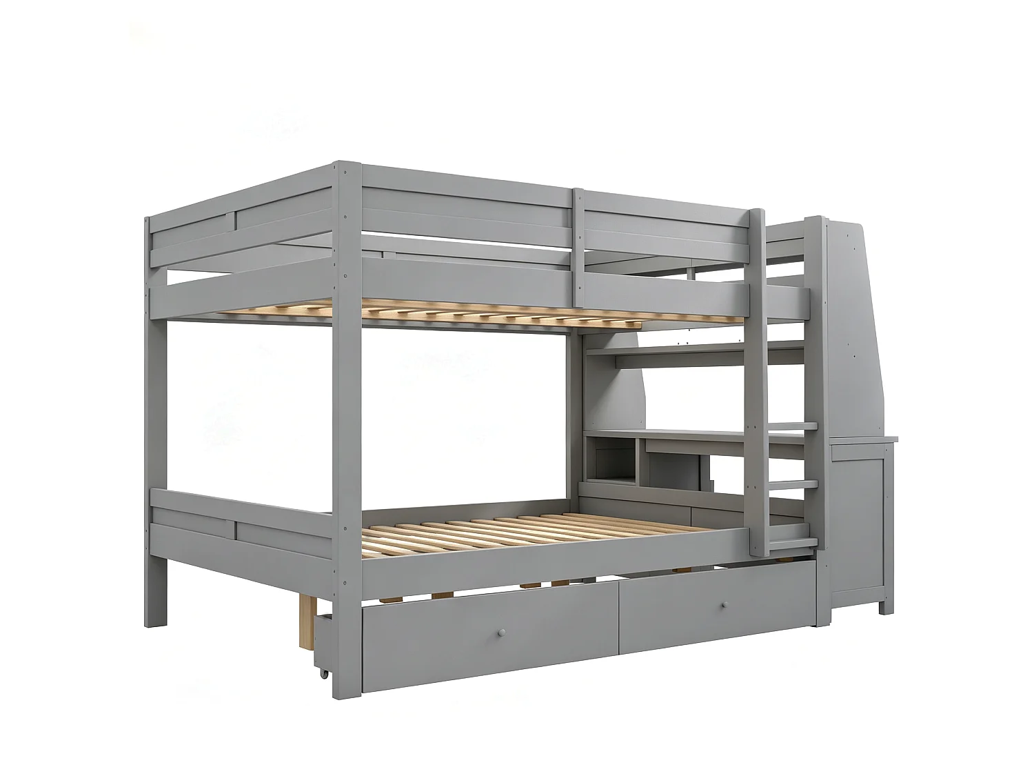 Lit superposé 140 x 200 cm - avec rangements - comprenant un bureau et des étagères - avec 2 tiroirs - gris (matelas non inclus)