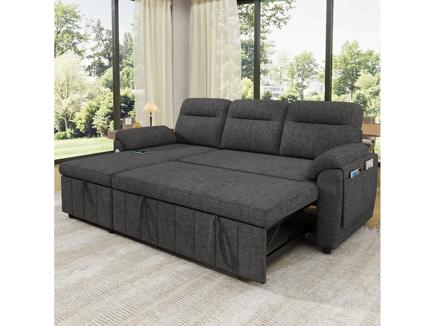 Hörnsoffa i L-form - med utbytbar chaise longue - förvaringsutrymme - USB/Type-C-port - grå