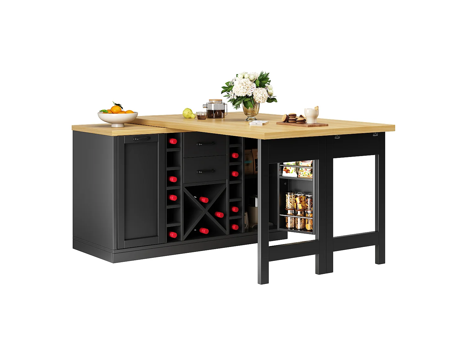 Ilha Central de Cozinha 120-223cm - Mesa de Jantar Giratória 360°, Armazenamento de Vinho, Suporte para Lixo, Design Moderno - Preto