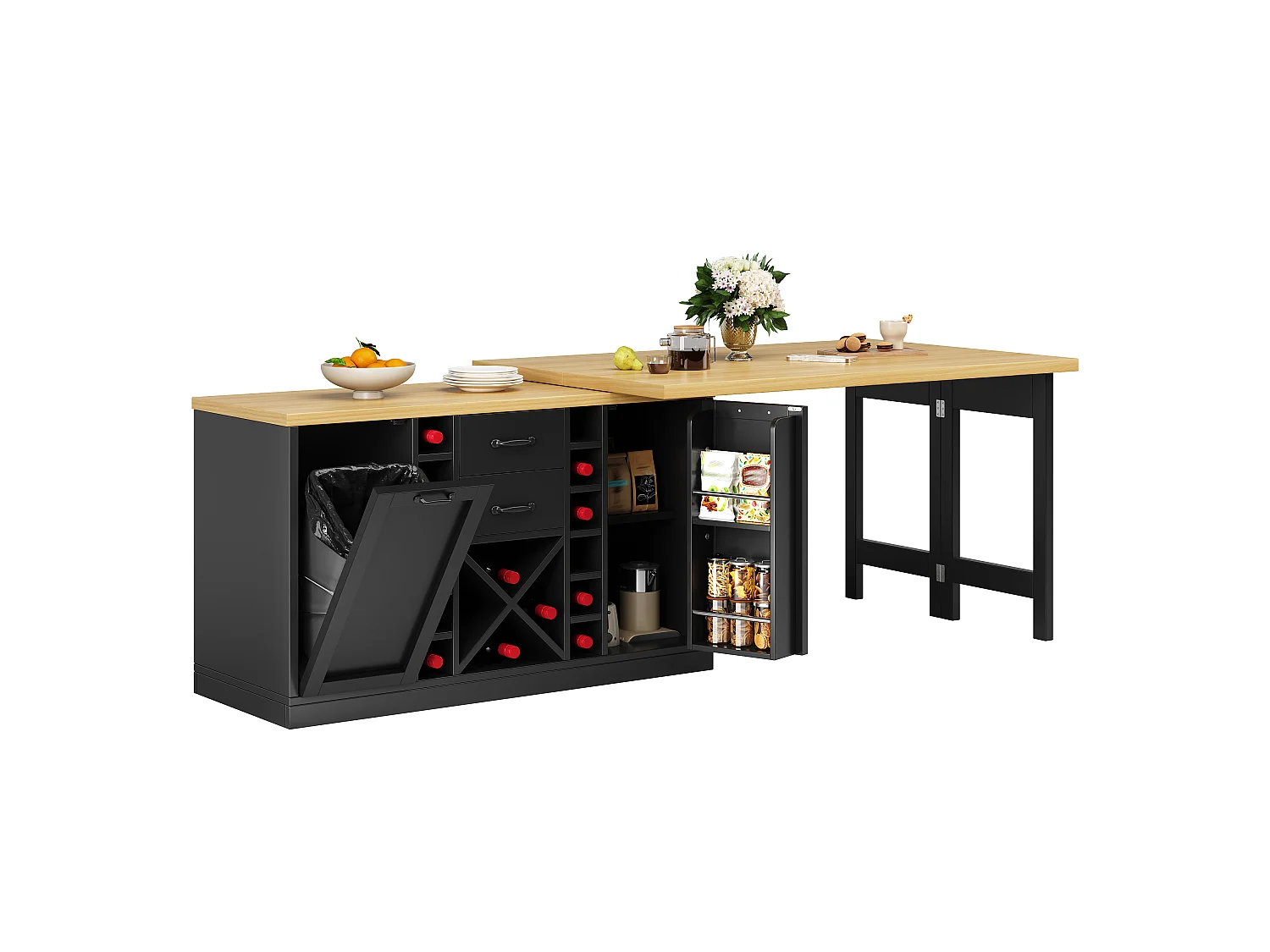 Ilha Central de Cozinha 120-223cm - Mesa de Jantar Giratória 360°, Armazenamento de Vinho, Suporte para Lixo, Design Moderno - Preto