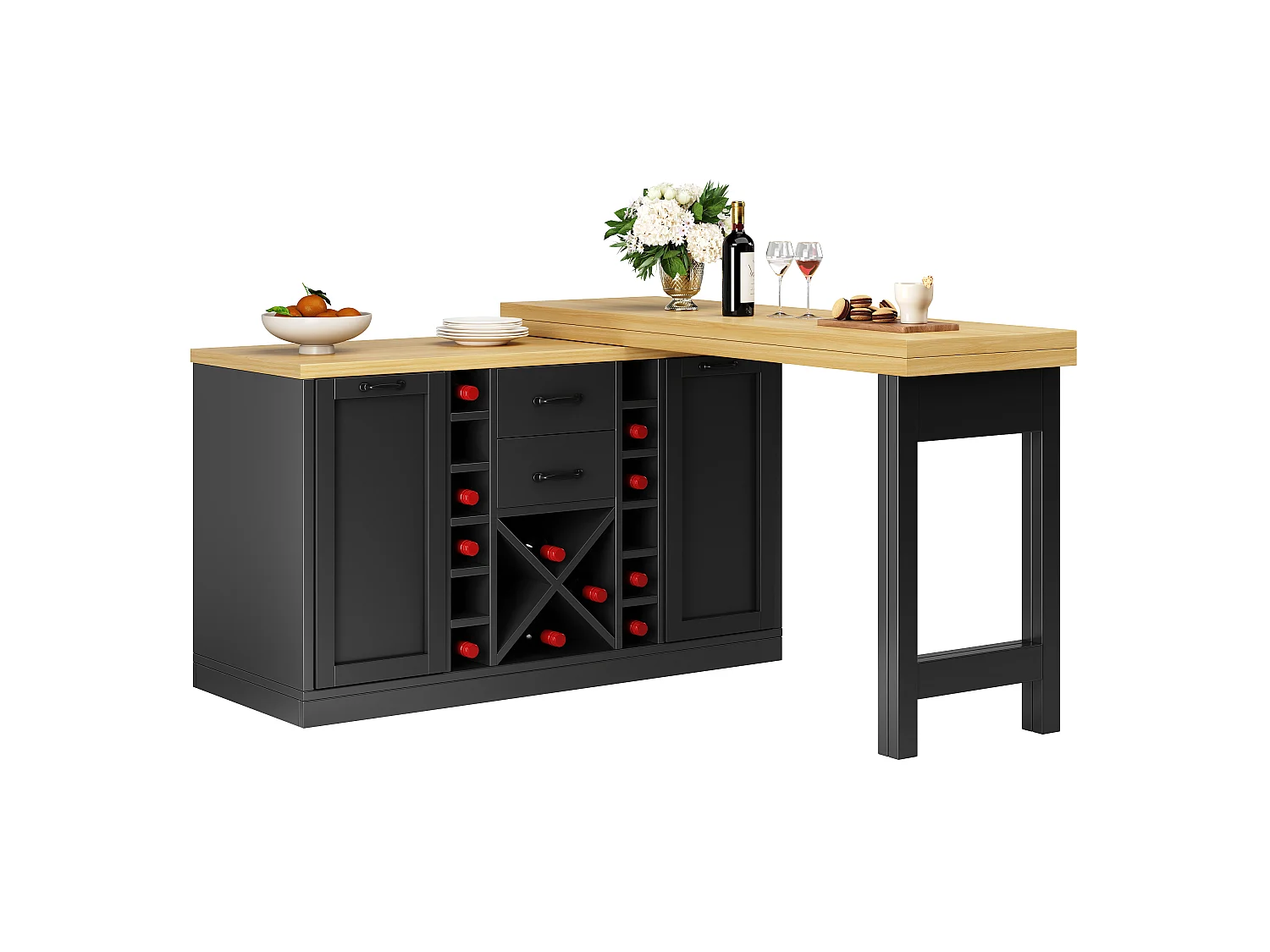 Ilha Central de Cozinha 120-223cm - Mesa de Jantar Giratória 360°, Armazenamento de Vinho, Suporte para Lixo, Design Moderno - Preto