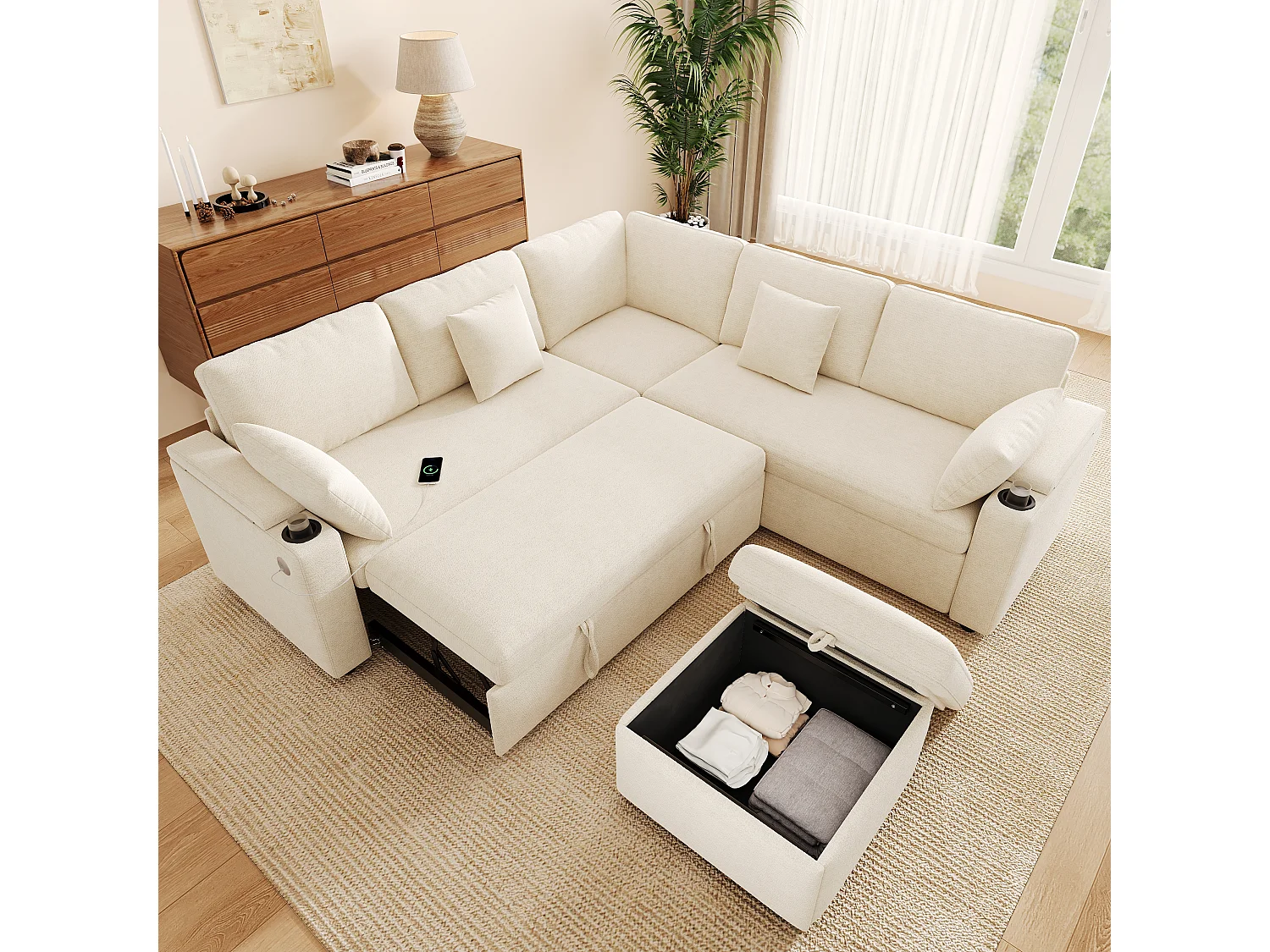 Sofá esquinero en L - con reposapiés de almacenamiento - puerto de carga USB/Type-C y portavasos - 2 cojines lumbares y 2 cojines de respaldo - beige