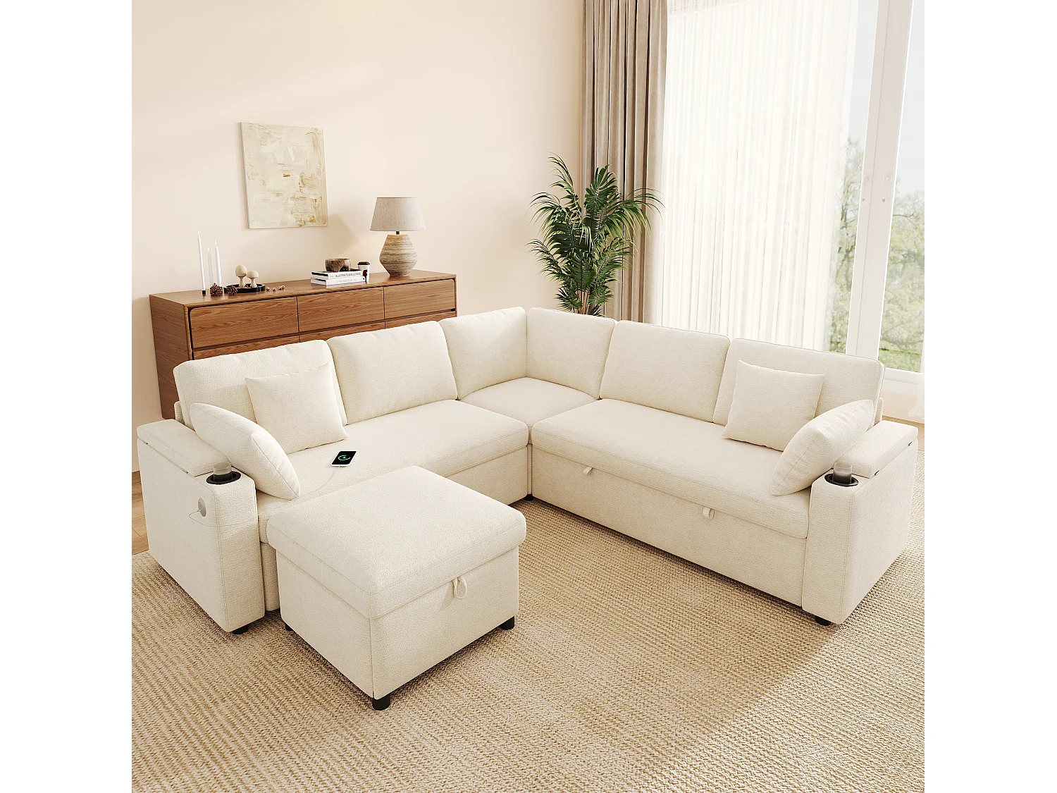 Sofá esquinero en L - con reposapiés de almacenamiento - puerto de carga USB/Type-C y portavasos - 2 cojines lumbares y 2 cojines de respaldo - beige