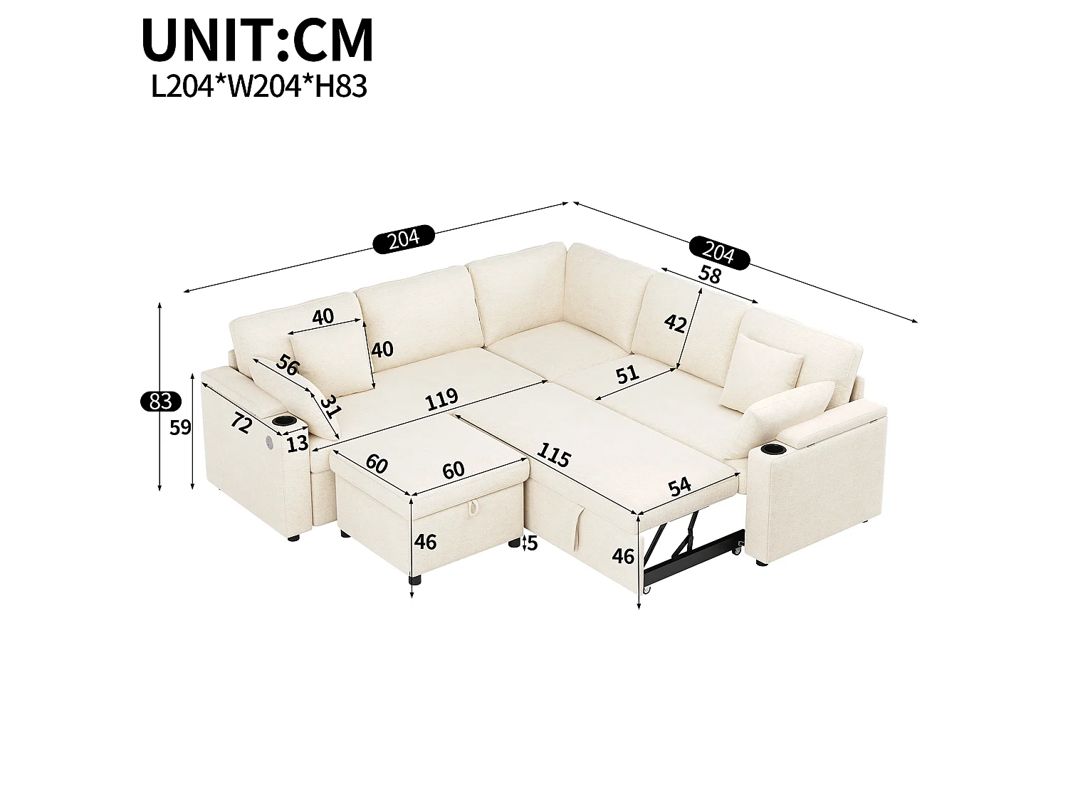 Sofá esquinero en L - con reposapiés de almacenamiento - puerto de carga USB/Type-C y portavasos - 2 cojines lumbares y 2 cojines de respaldo - beige