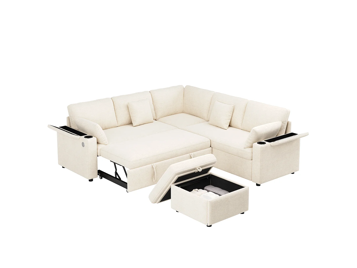 Sofá esquinero en L - con reposapiés de almacenamiento - puerto de carga USB/Type-C y portavasos - 2 cojines lumbares y 2 cojines de respaldo - beige