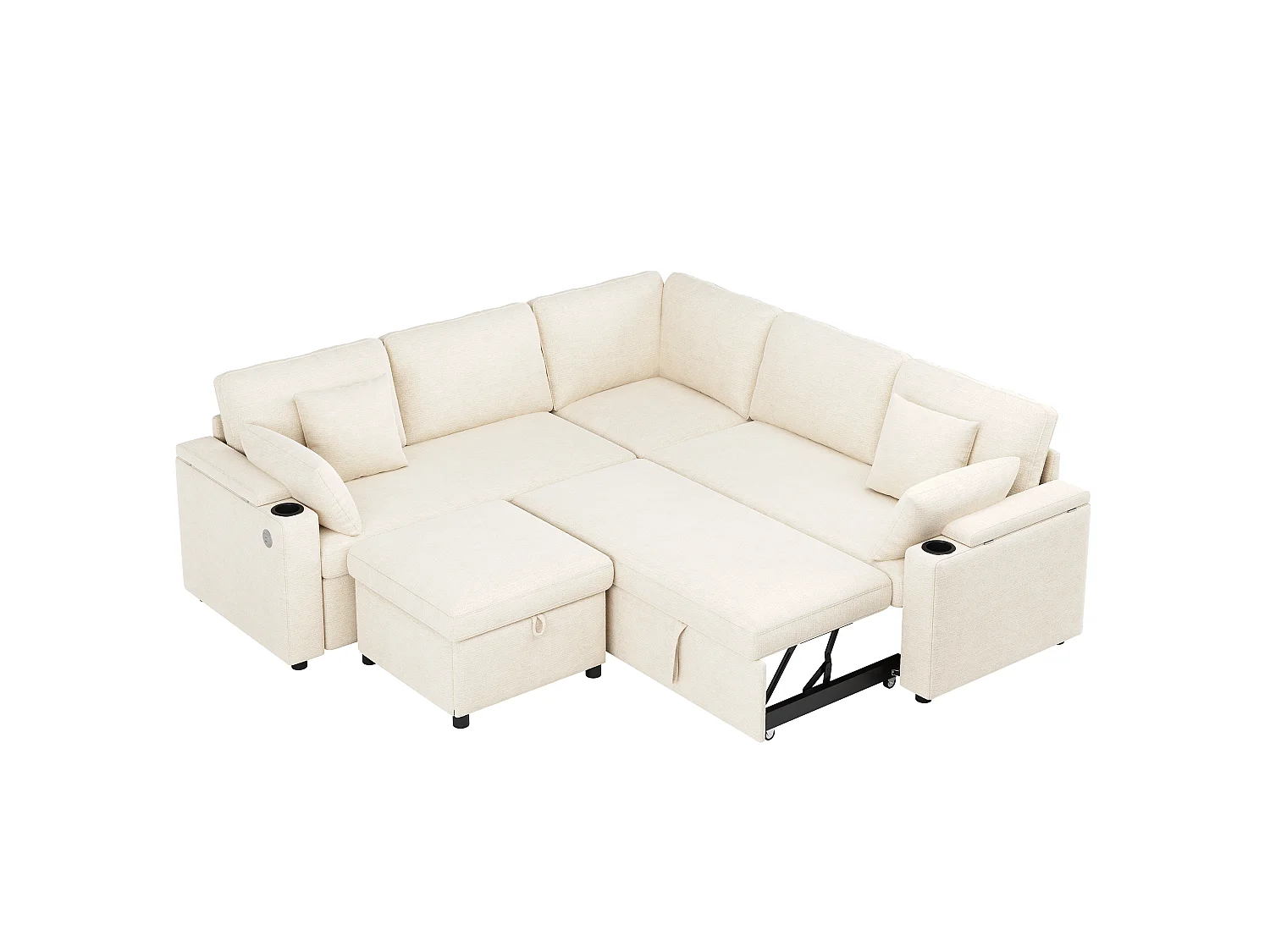Sofá esquinero en L - con reposapiés de almacenamiento - puerto de carga USB/Type-C y portavasos - 2 cojines lumbares y 2 cojines de respaldo - beige