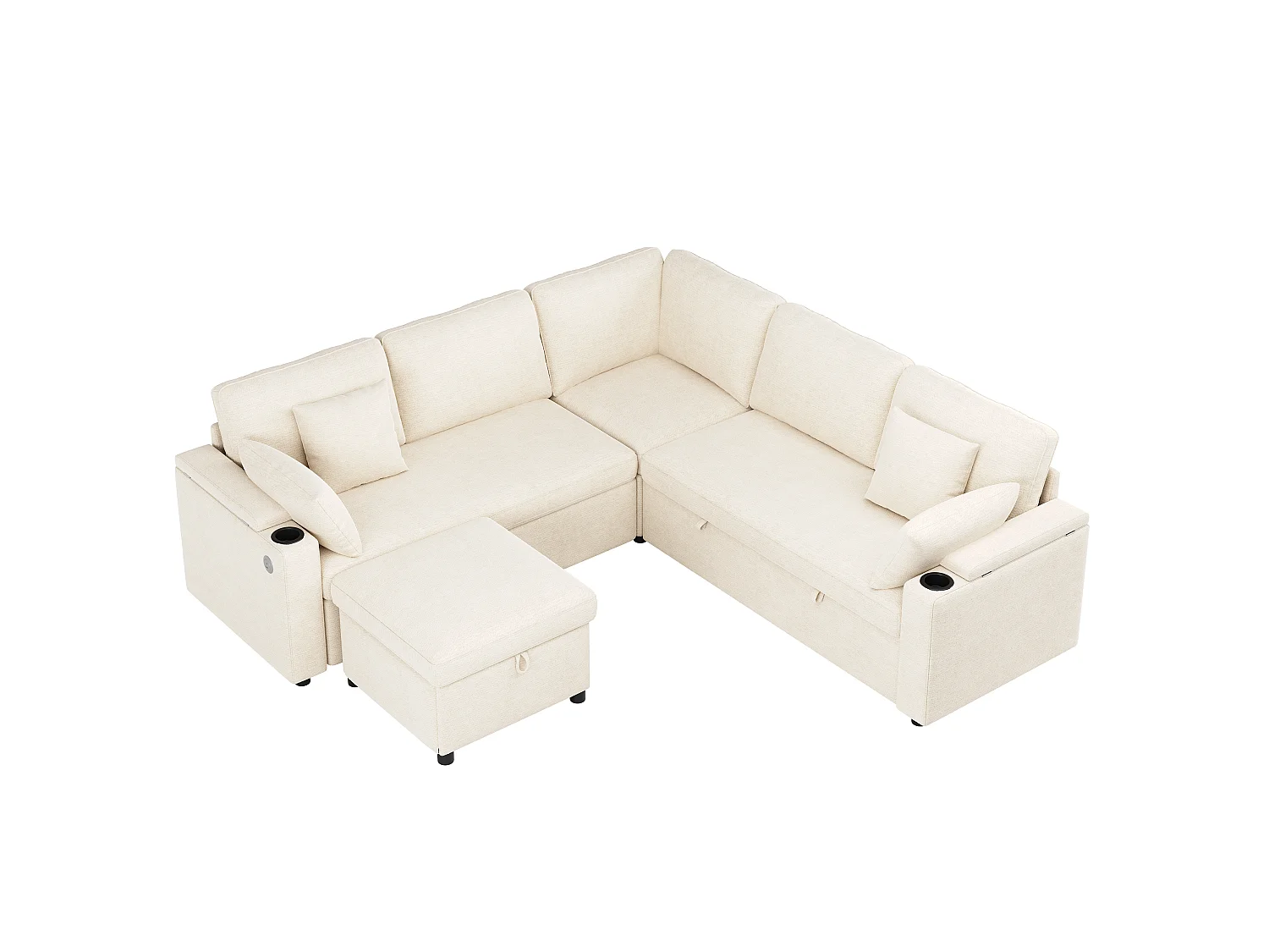 Sofá esquinero en L - con reposapiés de almacenamiento - puerto de carga USB/Type-C y portavasos - 2 cojines lumbares y 2 cojines de respaldo - beige
