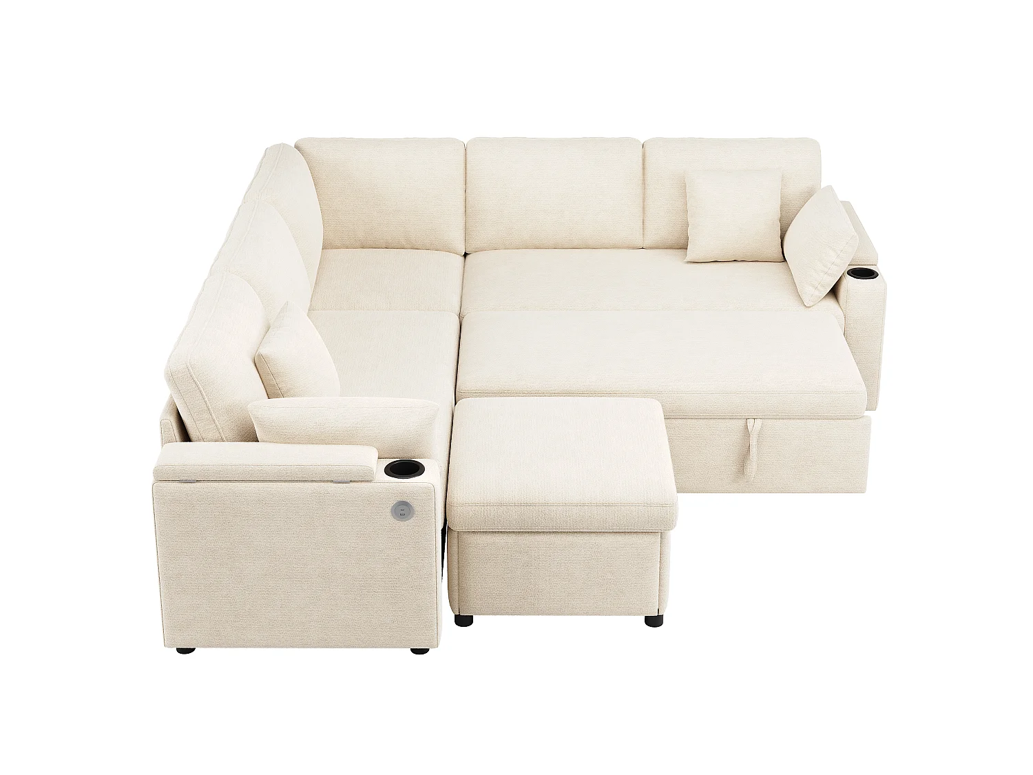 Sofá esquinero en L - con reposapiés de almacenamiento - puerto de carga USB/Type-C y portavasos - 2 cojines lumbares y 2 cojines de respaldo - beige