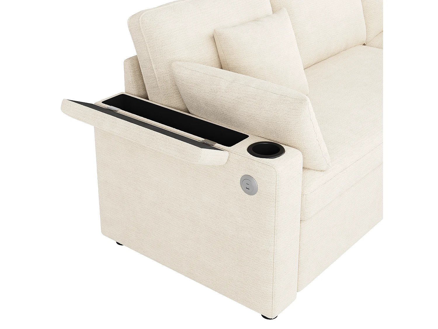 Sofá esquinero en L - con reposapiés de almacenamiento - puerto de carga USB/Type-C y portavasos - 2 cojines lumbares y 2 cojines de respaldo - beige