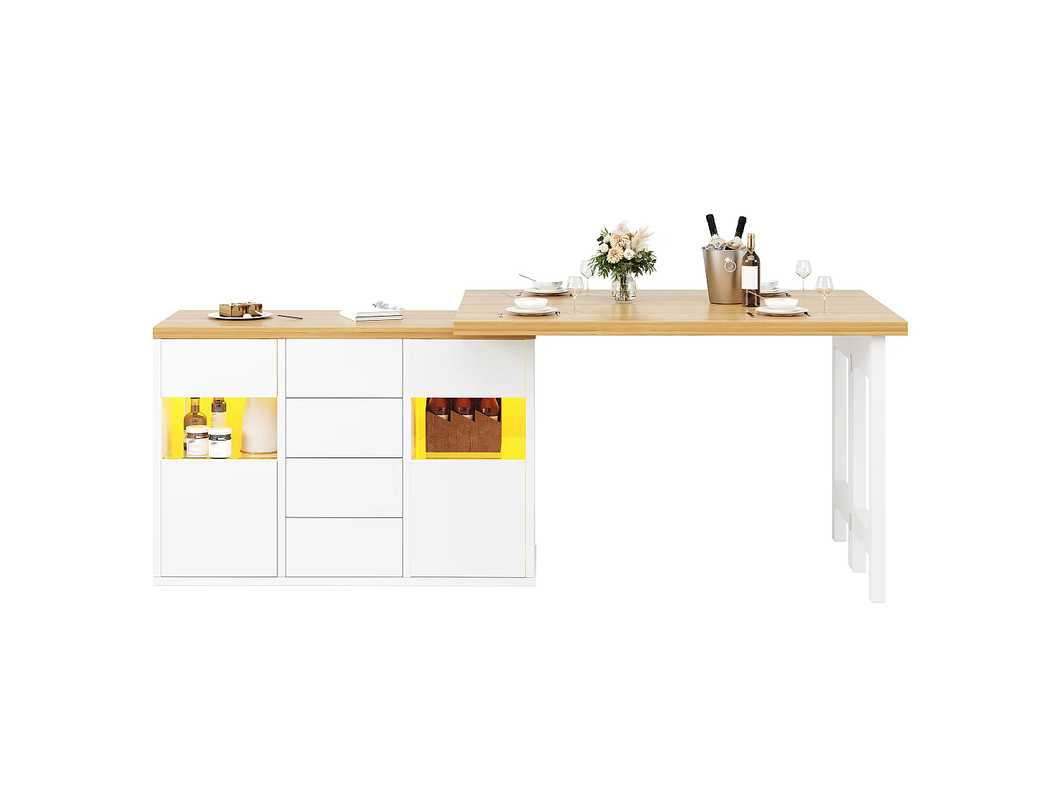 Isla Central de Cocina 120-197cm - Mesa de Comedor Giratoria 360°, Iluminación LED RGB Conectada, 4 Cajones, Vitrinas, Diseño Moderno - Blanco