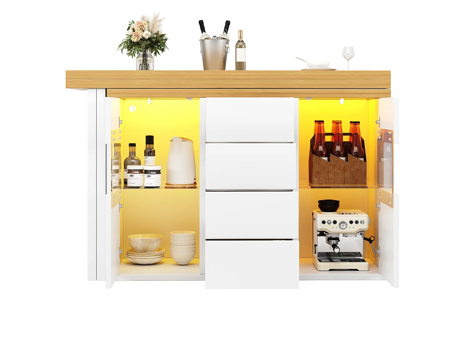 Isla Central de Cocina 120-197cm - Mesa de Comedor Giratoria 360°, Iluminación LED RGB Conectada, 4 Cajones, Vitrinas, Diseño Moderno - Blanco
