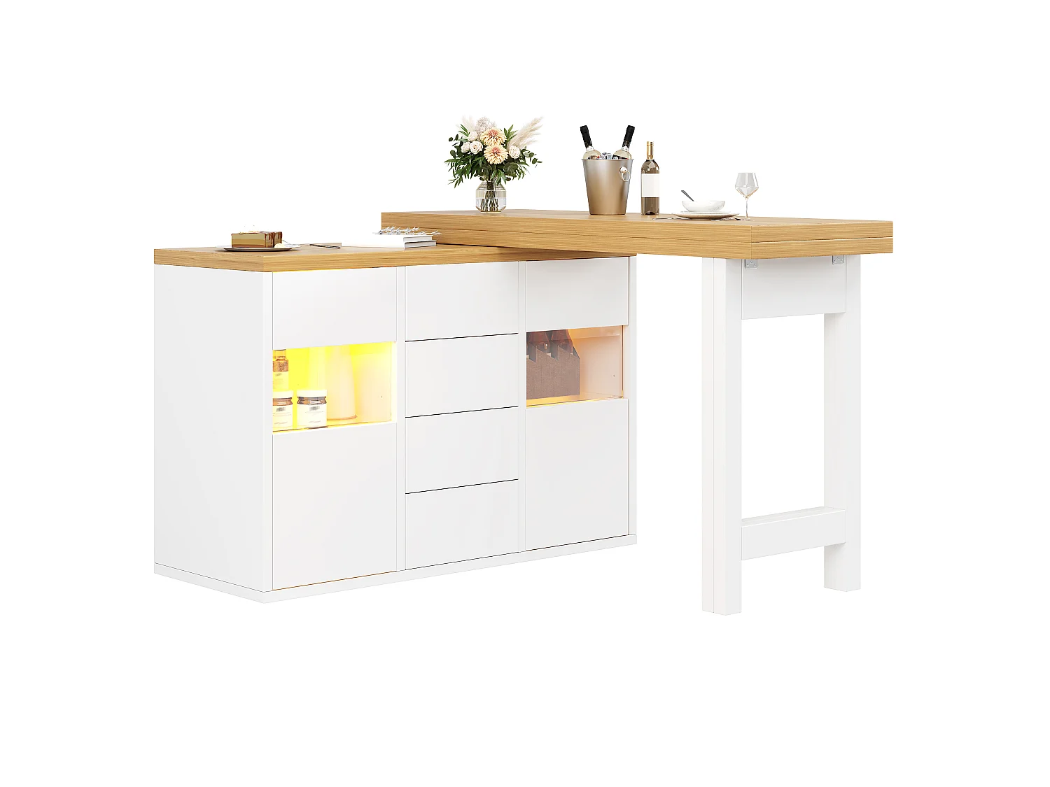 Isla Central de Cocina 120-197cm - Mesa de Comedor Giratoria 360°, Iluminación LED RGB Conectada, 4 Cajones, Vitrinas, Diseño Moderno - Blanco