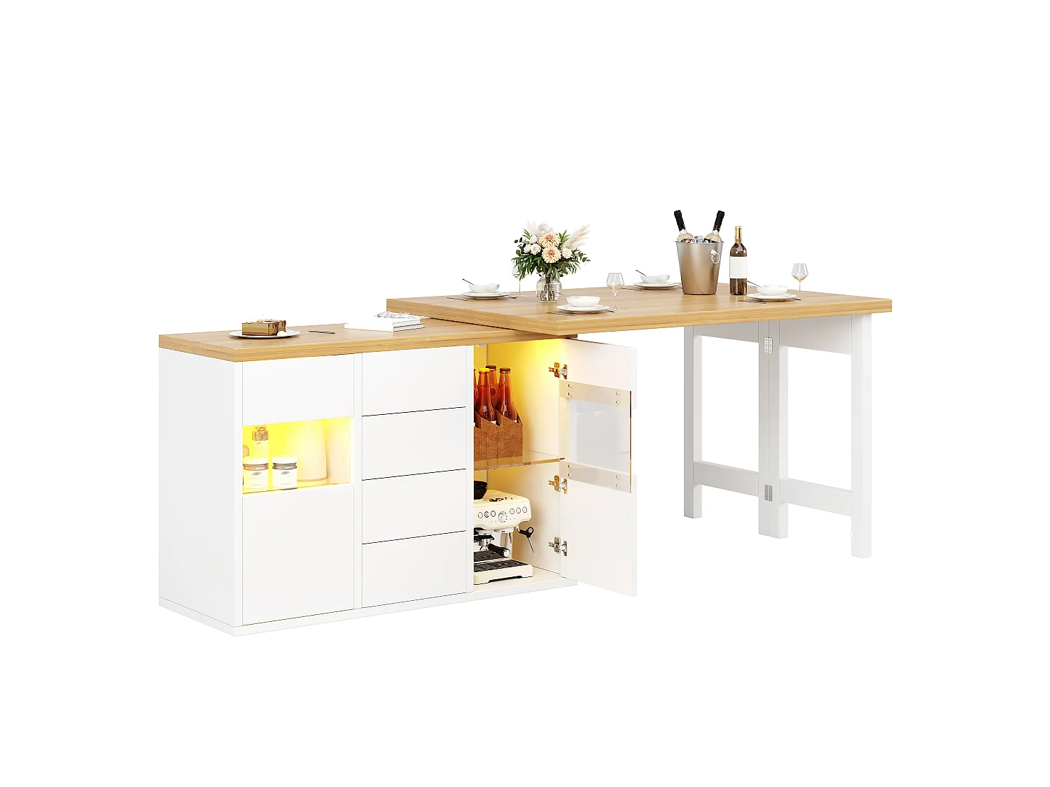 Isla Central de Cocina 120-197cm - Mesa de Comedor Giratoria 360°, Iluminación LED RGB Conectada, 4 Cajones, Vitrinas, Diseño Moderno - Blanco