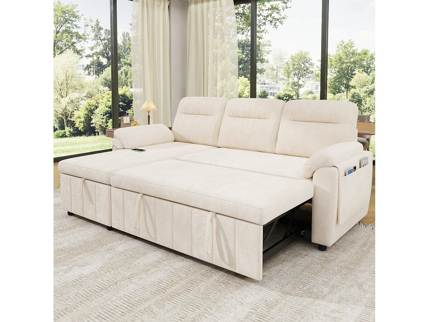 Hörnsoffa i L-form - med utbytbar chaise longue - förvaringsutrymme - USB/Type-C-port - beige