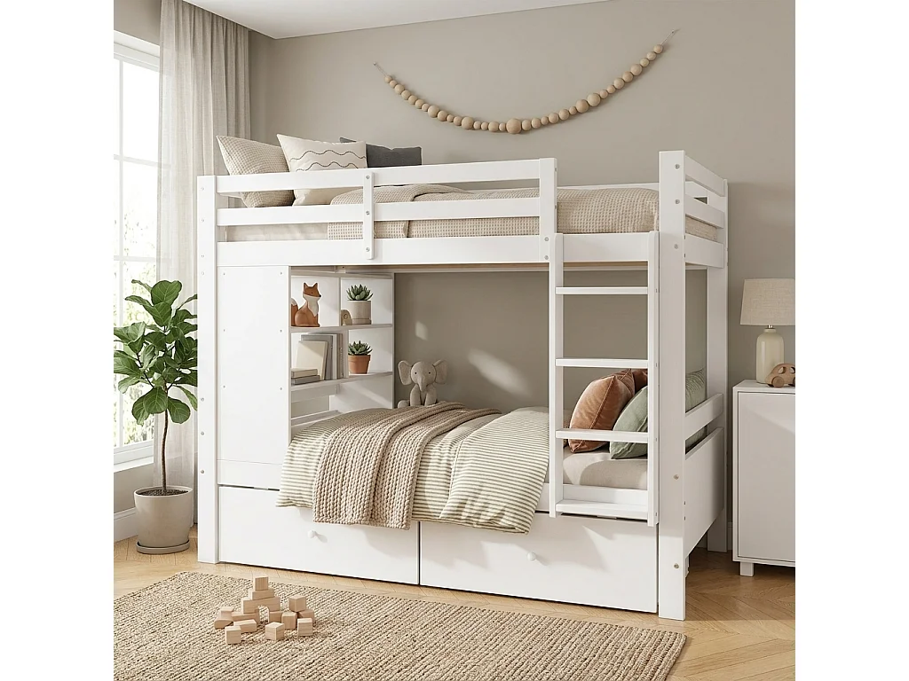 Lit superposé enfant 90x200 cm - avec 2 tiroirs et échelle - avec des étagères ouvertes - Bois massif + MDF - Blanc (sans matelas)