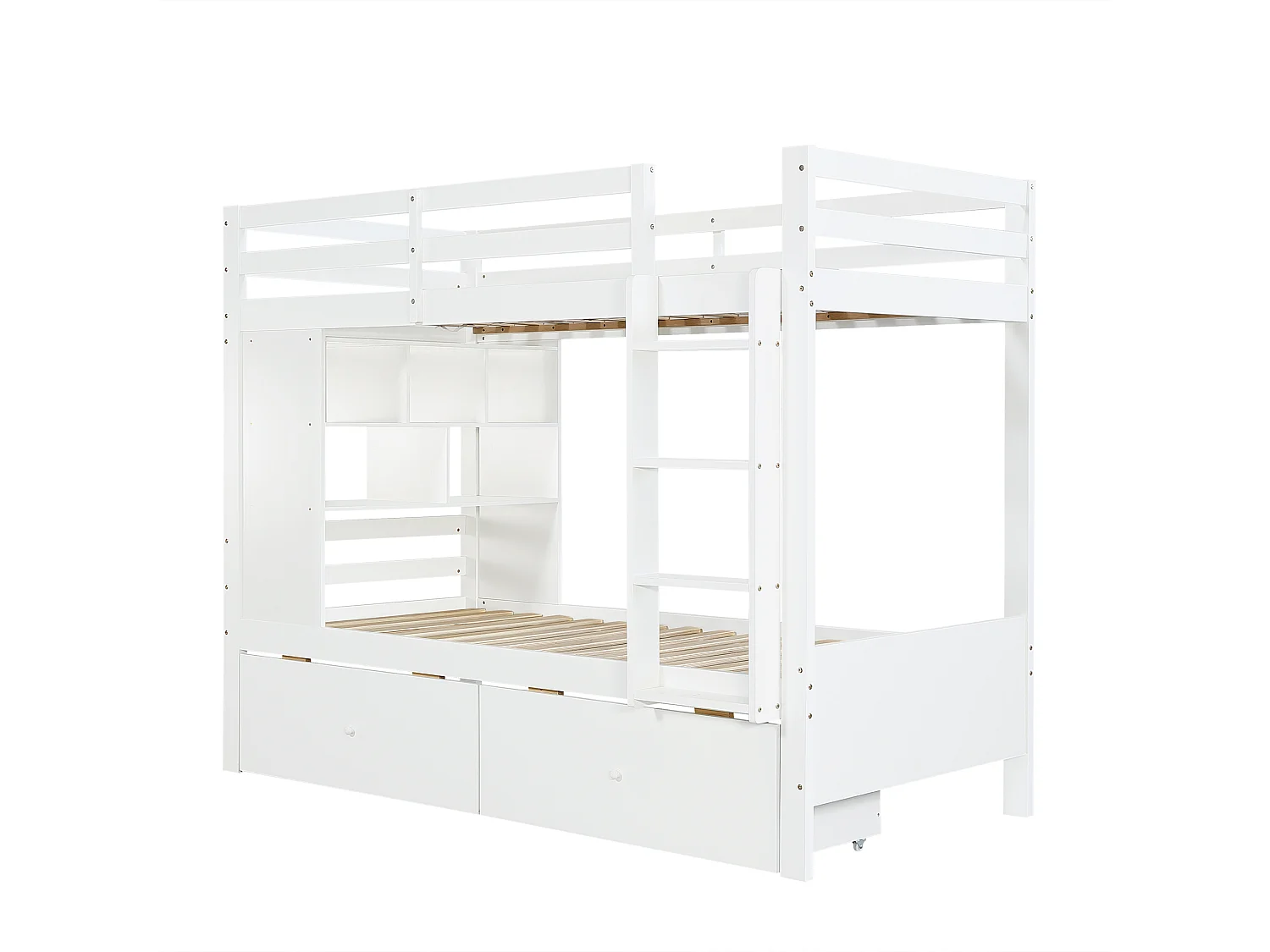 Lit superposé enfant 90x200 cm - avec 2 tiroirs et échelle - avec des étagères ouvertes - Bois massif + MDF - Blanc (sans matelas)