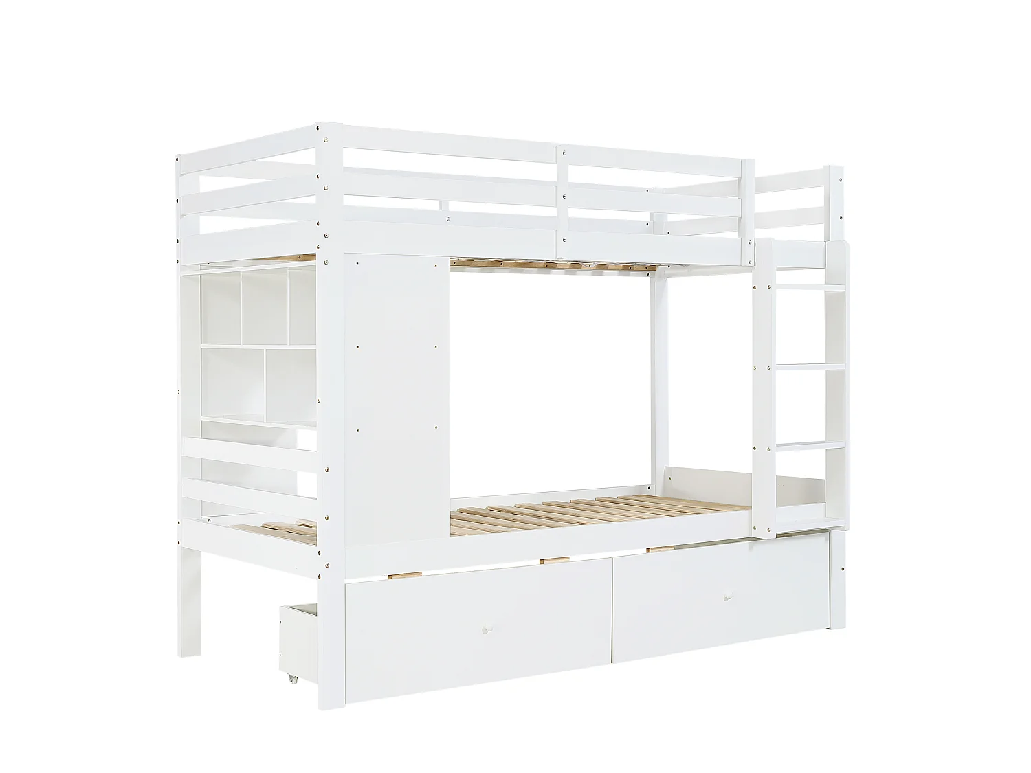 Lit superposé enfant 90x200 cm - avec 2 tiroirs et échelle - avec des étagères ouvertes - Bois massif + MDF - Blanc (sans matelas)