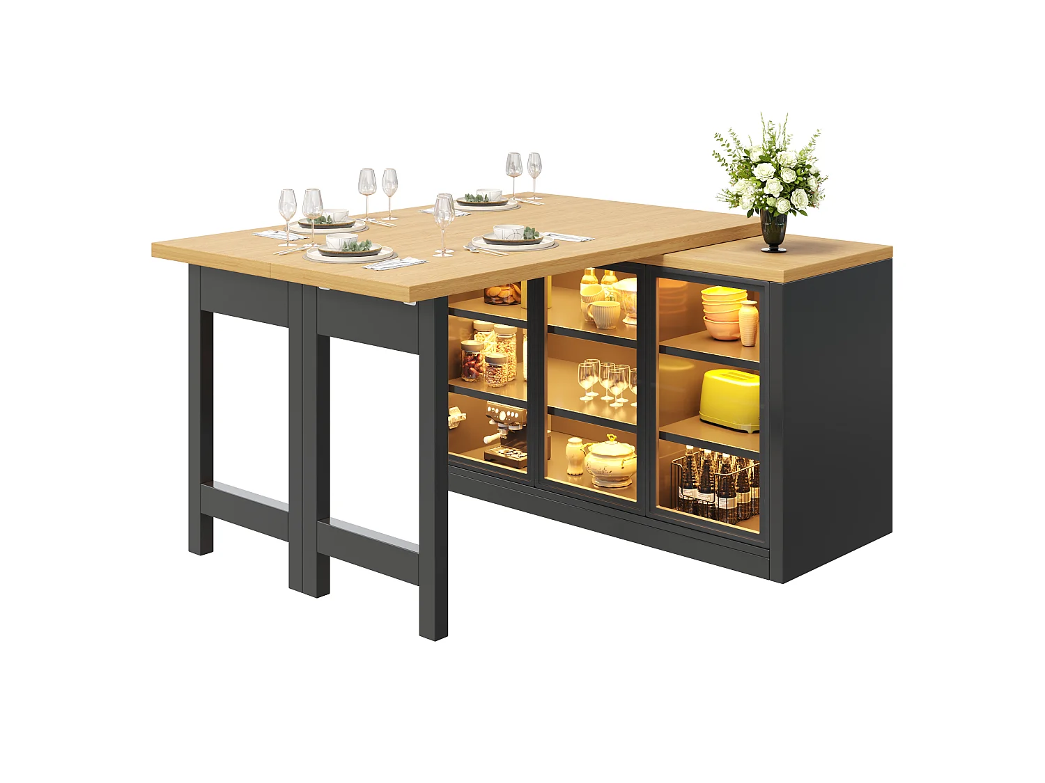 Ilha Central de Cozinha Extensível 120-197cm - Mesa de Jantar Giratória 360°, Portas de Vidro Push-to-Open, Iluminação LED RGB Conectada - Preto
