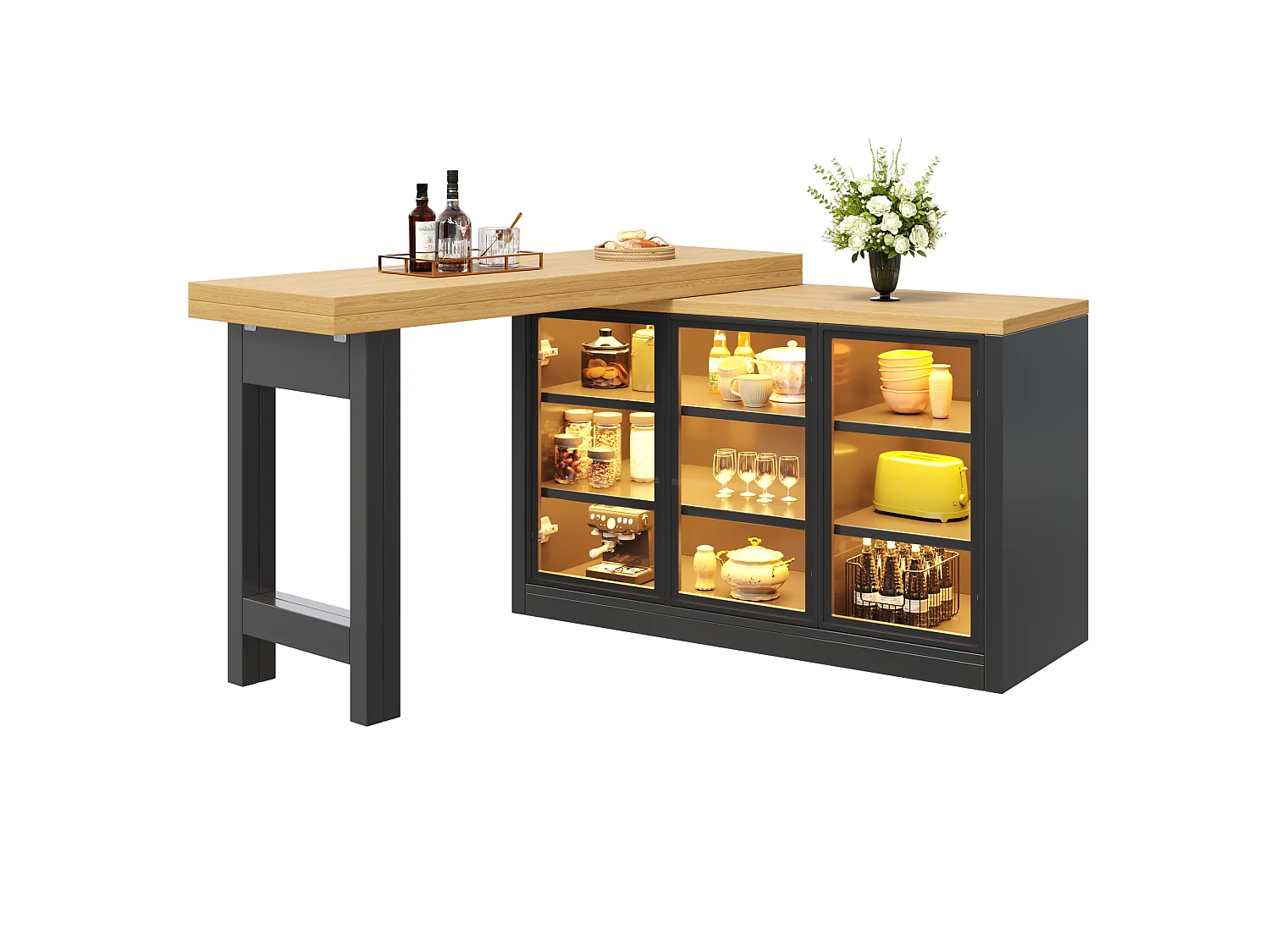 Ilha Central de Cozinha Extensível 120-197cm - Mesa de Jantar Giratória 360°, Portas de Vidro Push-to-Open, Iluminação LED RGB Conectada - Preto
