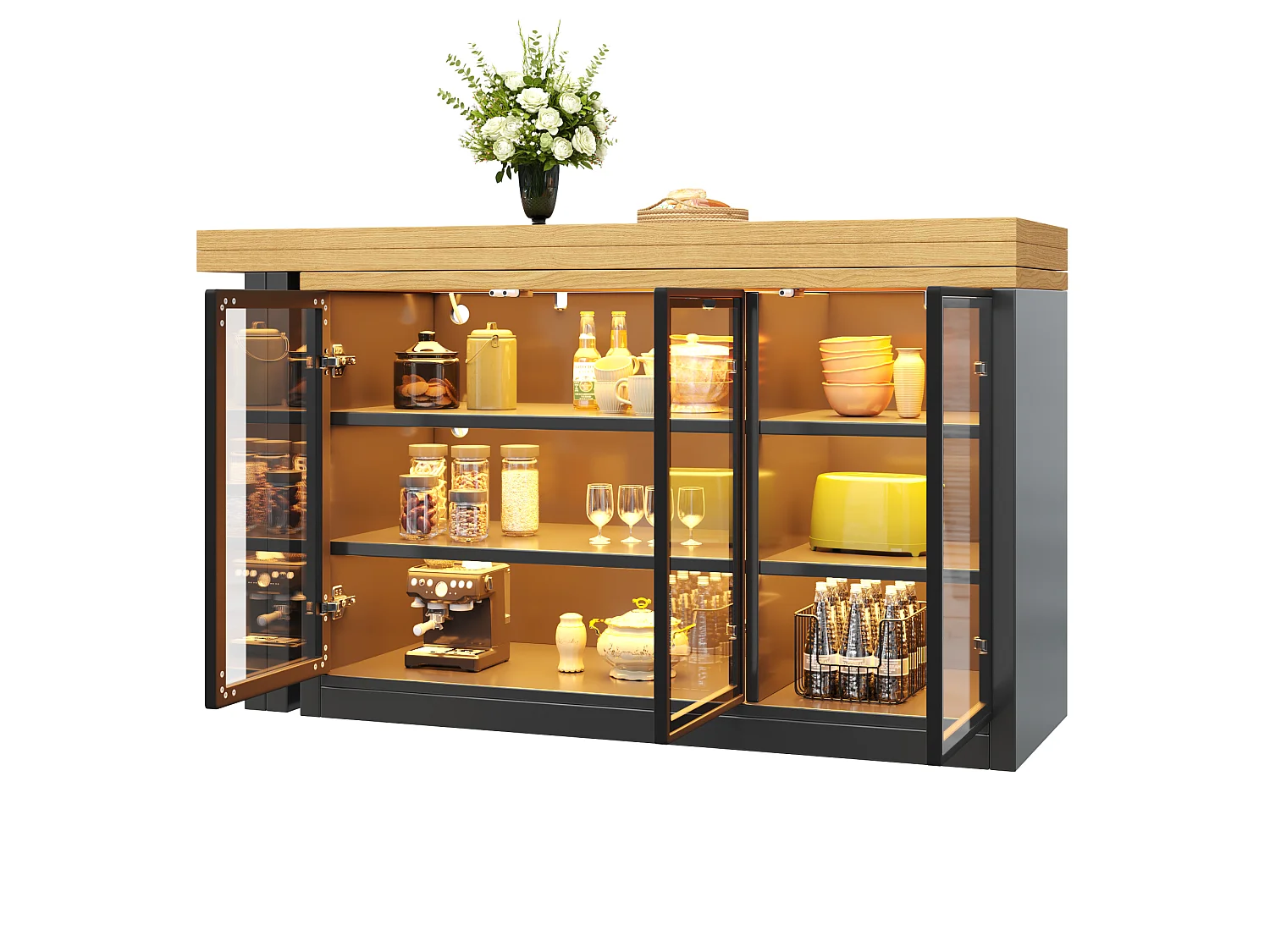Ilha Central de Cozinha Extensível 120-197cm - Mesa de Jantar Giratória 360°, Portas de Vidro Push-to-Open, Iluminação LED RGB Conectada - Preto