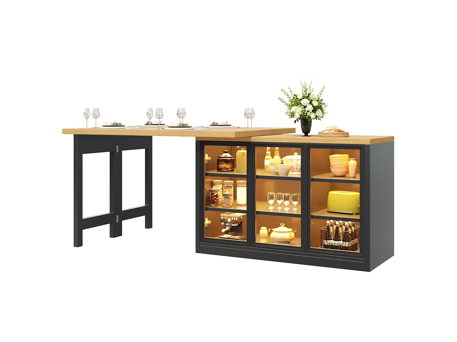Ilha Central de Cozinha Extensível 120-197cm - Mesa de Jantar Giratória 360°, Portas de Vidro Push-to-Open, Iluminação LED RGB Conectada - Preto