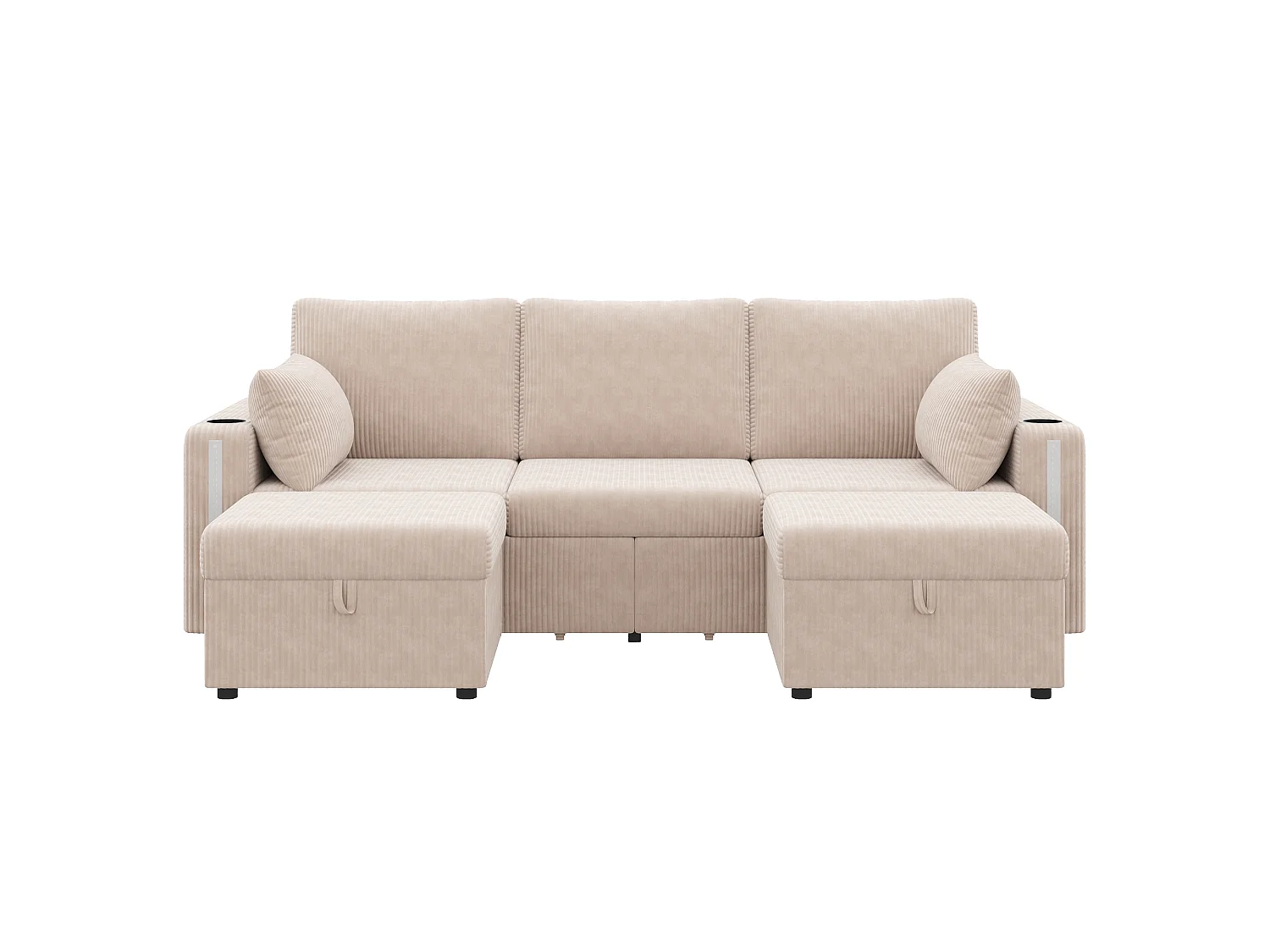 U-formad eller L-formad modulsoffa - med 2 förvaringspuffar - LED-belysning - mugghållare - USB/Type-C-portar och armstöd - lådor - beige