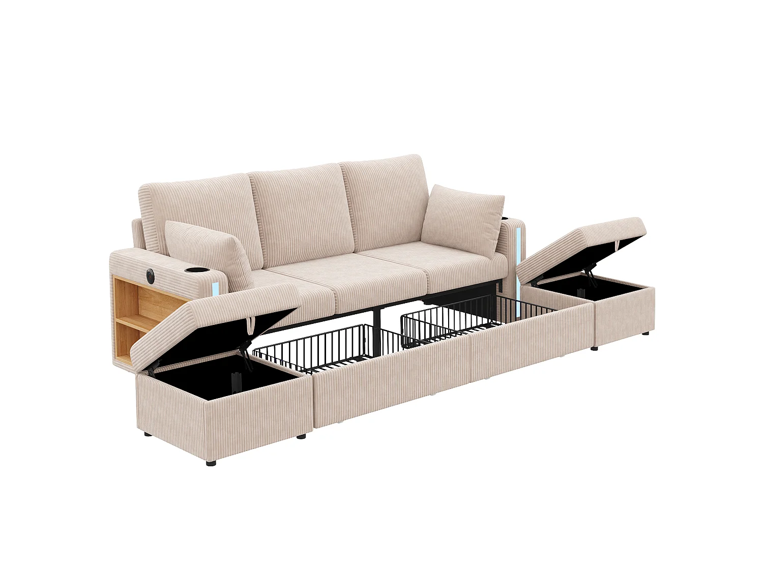 U-formad eller L-formad modulsoffa - med 2 förvaringspuffar - LED-belysning - mugghållare - USB/Type-C-portar och armstöd - lådor - beige